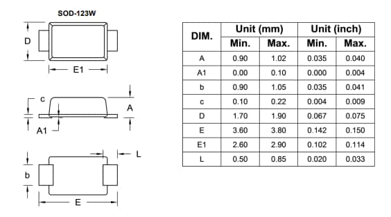 Mechanical Drawing - Taiwan Semiconductor SS1xLWH Schottky Barrier Surface Mount Rectifiers